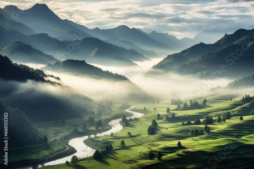 A stunning mountain landscape with a winding river amidst foggy valleys at sunrise.