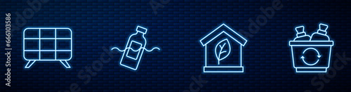 Set line Eco friendly house, Solar energy panel, The problem of pollution and Recycle bin. Glowing neon icon on brick wall. Vector