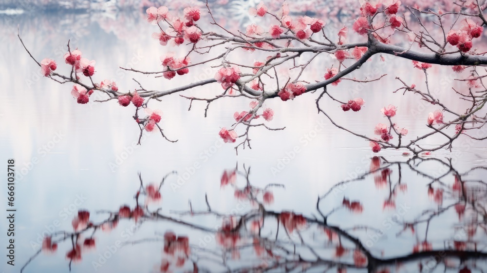 a branch with red flowers is reflected in the still water of a lake. generative ai a branch with red flowers is reflected in the still water of a lake. generative ai