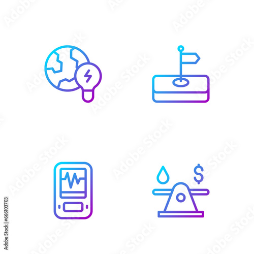 Set line Oil money, Seismograph, Global planet with bulb and Flag. Gradient color icons. Vector