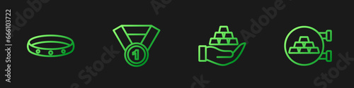 Set line Gold bars in hand, ring, medal and Jewelry store. Gradient color icons. Vector