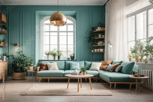Elegant contemporary living room interior decorated in cozy turquoise tones. home interior design of modern living room. © BNMK0819