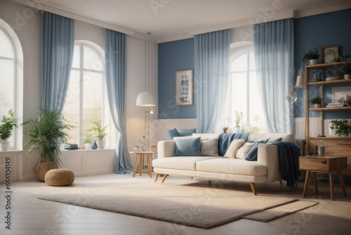 Elegant contemporary living room interior decorated in cozy beige and blue tones. home interior design of modern living room.