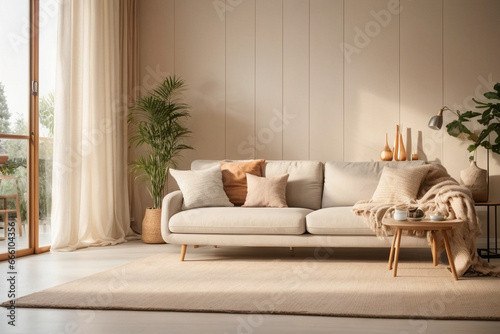 Elegant contemporary living room interior decorated in cozy beige tones. home interior design of modern living room.