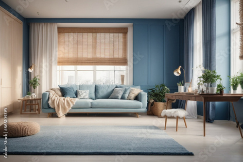 Elegant contemporary living room interior decorated in cozy beige and blue tones. home interior design of modern living room. © BNMK0819