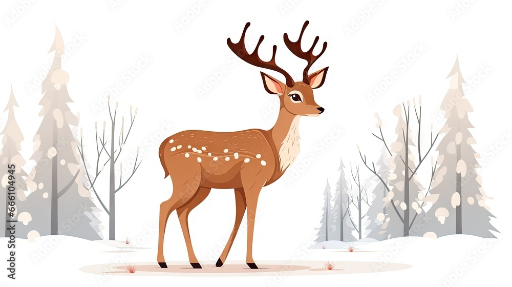 Obraz premium a deer standing in the snow with trees in the background. generative ai