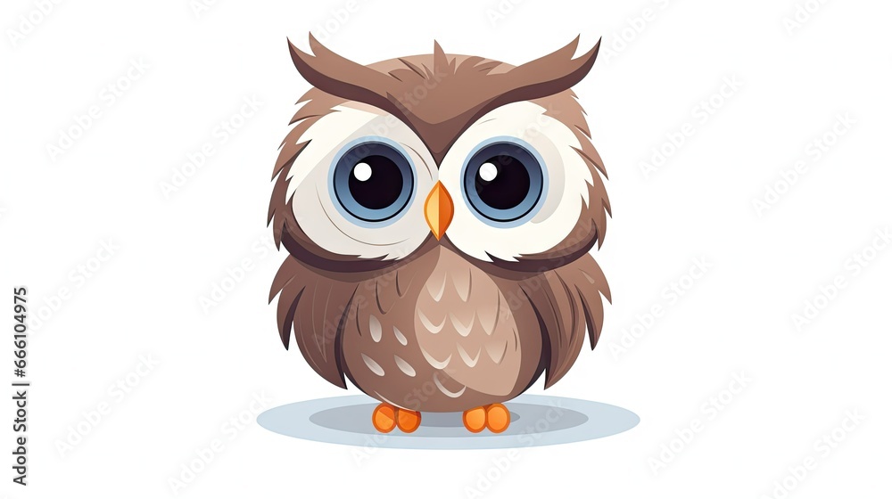  an owl with big blue eyes sitting on the ground with a white background.  generative ai