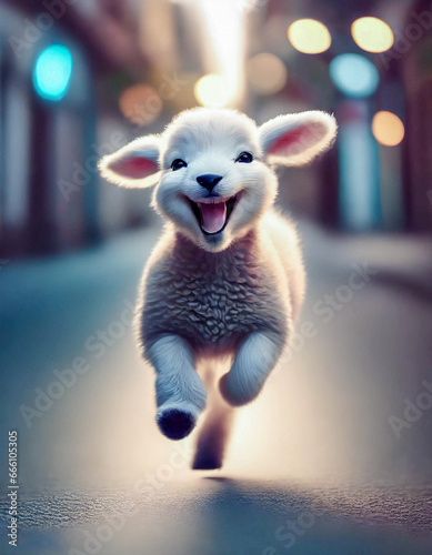 Agneau paqual qui s'enfuit dans les rues d'une ville pour ne pas finir en rôti ou gigot d'agneau durant les fêtes de Pâques.  photo