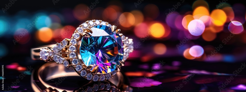 Close up shot of beutiful diamond ring on colorful bokeh background with copy space Close up shot of beutiful diamond ring on colorful bokeh background with copy space