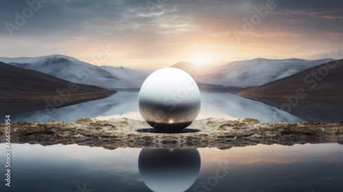  a large egg sitting in the middle of a body of water.  generative ai
