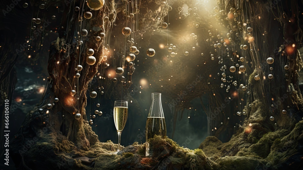  two champagne flutes in a cave with bubbles floating around them.  generative ai