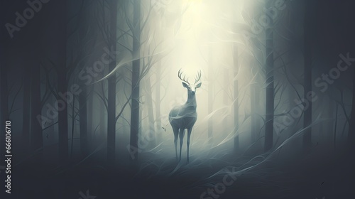  a deer standing in the middle of a forest at night.  generative ai © Olga