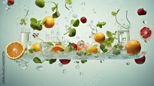  a group of fruits falling into a glass of water with ice.  generative ai