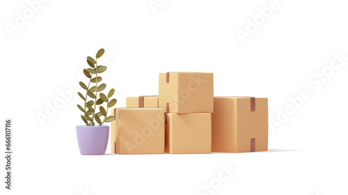 Minimal simple beige cardboard boxes with brown tape, green plant in blue pot. Stacked pile of boxes of sealed goods, personal stuff, home supplies for relocation. 3d render isolated transparent.