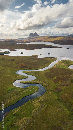 Aerial view on scottish highlands. Most iconic landscape on the planet globe. Lovely lakes  rivers and mountains.