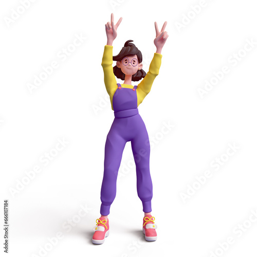 Cute kawaii excited colorful asian k-pop girl in fashion clothes purple overalls, yellow t-shirt raises hands up shows fingers peace sign, victory symbol, success. 3d render isolated transparent.