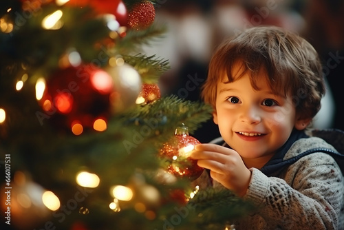 Happy little boy decorating christmas tree with baubles. Merry Christmas and winter family holiday concept. Festive activities concept