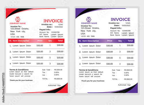 Business Minimal Corporate Invoice design template vector illustration bill form price . Creative template and stationery design payment agreement design template Cash Memo, Vector Quotation Design