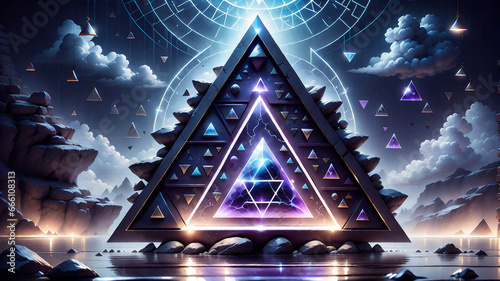 A fantastic portal to another dimension. Transition to another reality. Space geometric shapes. Neon rays and glare. AI