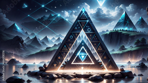 A fantastic portal to another dimension. Transition to another reality. Space geometric shapes. Neon rays and glare. AI