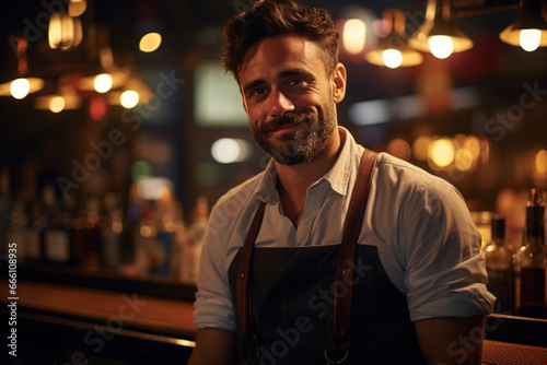 Smiling handsome bearded guy bartender in an apron standing in a pub and looking at camera