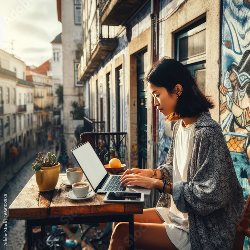 Nomadic woman working remotely, on city Lisbon, Portugal 