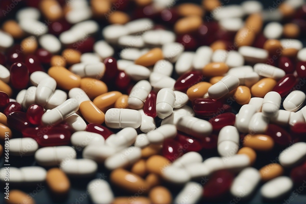 White, Yellow, and Red Medicine Pills Close Up White, Yellow, and Red Medicine Pills Close Up