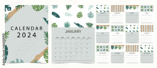 2024 table calendar week start on Sunday with leaf, safari that use for vertical digital and printable A4 A5 size