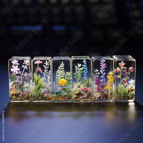 drops glue cube in ice cube in miniature landscape of immortal flower plant specimen