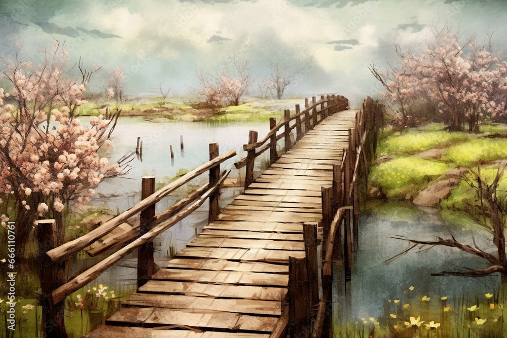 Traverse scenic spring scenery with abstract wooden bridge. Generative AI