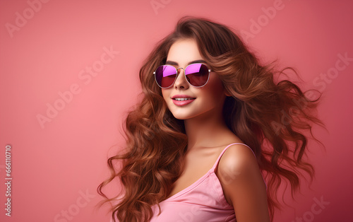 Young beautiful woman wearing eyeglasses with long hair is having fun on pink background 