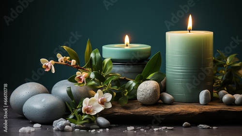 Hot stones  a green leaf  and a white candle make up this spa arrangement..