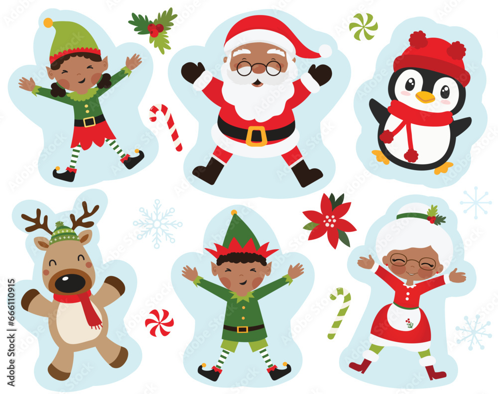 Christmas, Black Santa, Elf, Penguin, Mrs Claus, Snow Angels