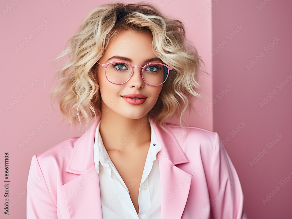 Happy young woman in pink background looking at camera. Portrait of beautiful female smiling and relaxing during autumn. Happy young woman in pink background looking at camera. Portrait of beautiful female smiling and relaxing during autumn.