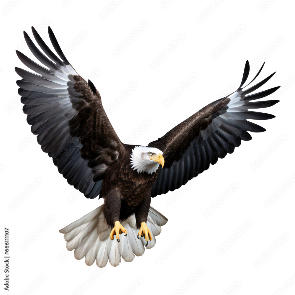 Flying bald eagle isolated on transparent background, Generative AI