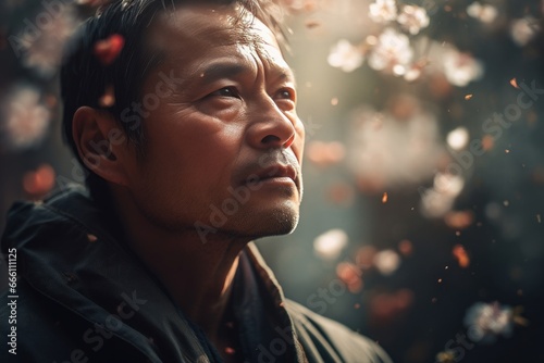 Portrait of Chinese man in cherry blossom, AI generated