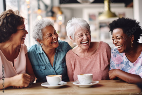 Happy smiling middle aged female friends sitting in a café laughing and giving support each other. They are celebrate a long friendship