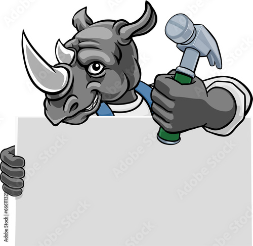 Rhino Hammer Cartoon Mascot...