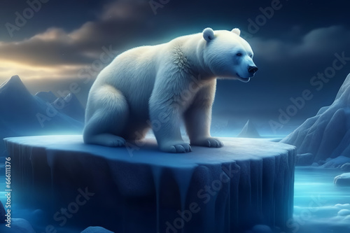 A white bear cub on an ice floe. Background zone of the Arctic desert. AI
