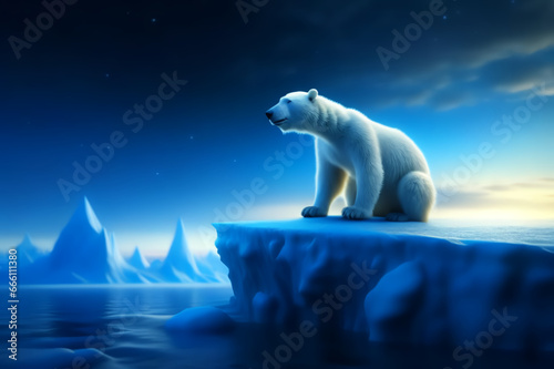 A white bear cub on an ice floe. Background zone of the Arctic desert. AI