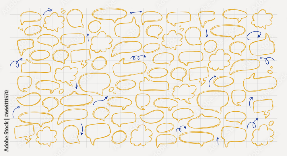 Set of hand drawn speech and thought bubbles. Doodle design with short messages. Set of hand drawn speech and thought bubbles. Doodle design with short messages.