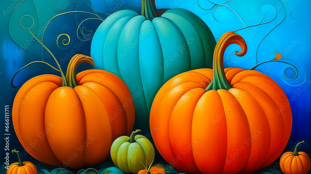 Pumpkins. Oil painting. Halloween background. AI