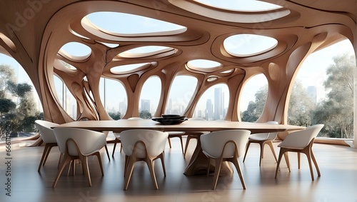 Organic wooden interior with flowing ceiling and modern chairs around a long conference table