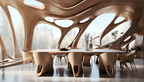 Futuristic organically shaped dining room with flowing wooden architecture, unique chairs, and a long white table bathed in natural daylight