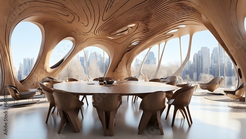 Futuristic Biomorphic Wooden Conference Room with Organic Table and Chairs Overlooking City Skyline
