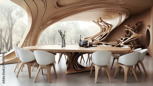 Organic wood-paneled dining room with contemporary table and chairs, featuring flowing sculptural elements and a view of trees