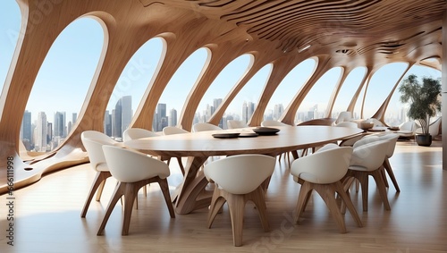Modern organic interior with elliptical windows overlooking cityscape, featuring a large oval wooden table and white molded chairs.