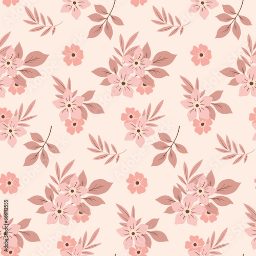 Seamless floral pattern, delicate ditsy print with vintage rustic motif. Gentle botanical design in one color: small hand drawn flowers, leaves in bouquets on a light background. Vector illustration.