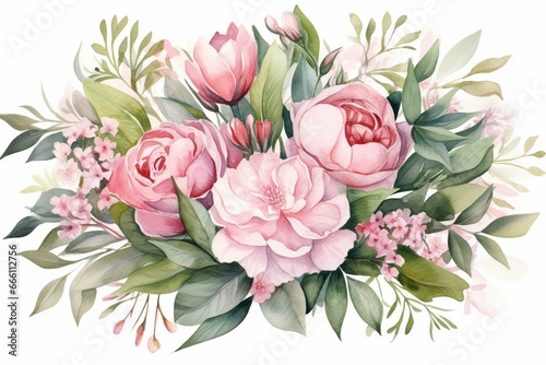 Pink floral bouquet with green leaves, ideal for weddings and greetings. Generative AI