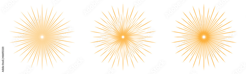 Fototapeta premium Set of golden sunburst burst. Bursting golden sun rays. Fireworks. Logotype or lettering design element. 